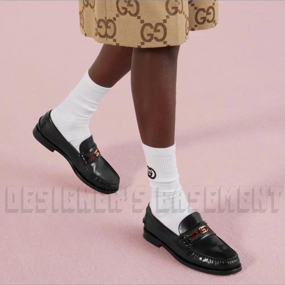 Gucci 13 black KAVEH polished Leather DOUBLE G WEB detail Loafer Shoes NIB - Picture 3 of 13